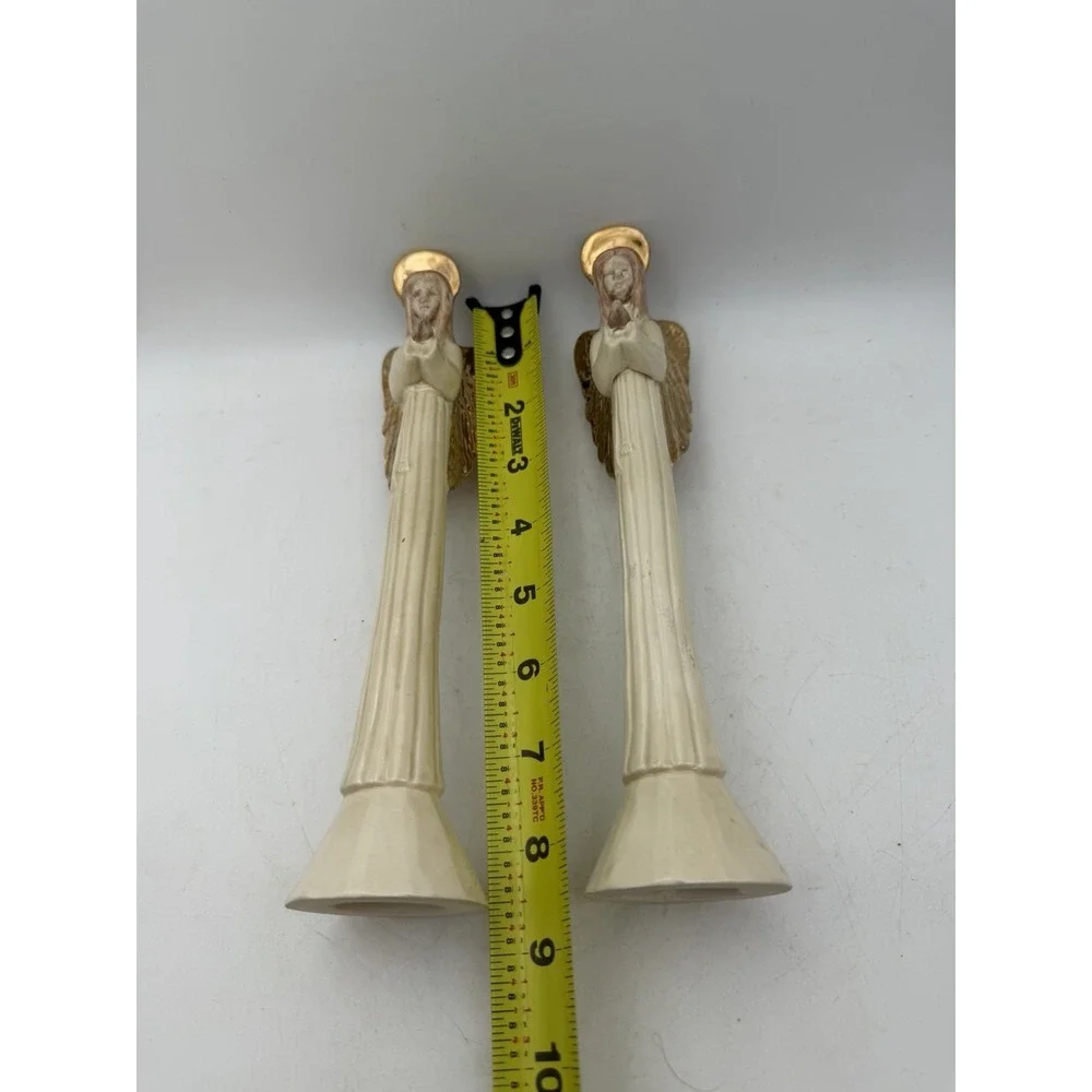 Vintage Pair Ceramic Praying Angel Pencil Candleholders Gold Wings 8.5